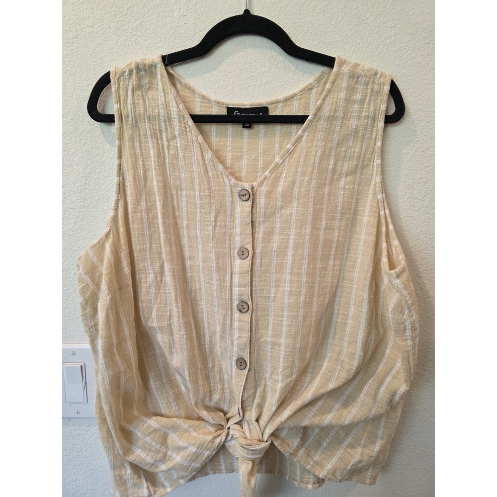 CZ Collection Sleeveless Blouse Sz 2XL Tan White Stripe Gold Thread 100% Cotton‎